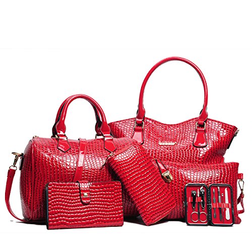Preisvergleich Produktbild Damen Handtaschen Koffer Sechs Sets Krokodilmuster Messenger Umhängetasche Mode Brieftasche Kartenpaket Trimmnagelbox,WineRed-OneSize