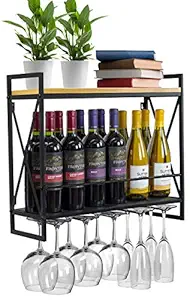 INDIAN DECOR. 45739 Wine Bottle Stemware Glass Rack, Industrial 2-Tier Wood Shelf with 5 Stem Glass Holders for Glasses, Flutes, Mugs, Metal