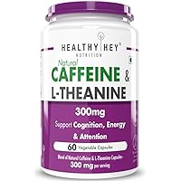 HealthyHey Nutrition Natural Caffeine 100mg Plus L-Theanine 200mg - Support Energy and Focus (60 Vegetable Capsules)