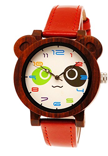 Holzwerk Germany Hübsche Panda Kinder-Uhr Mädchen-Uhr Öko Natur Holz-Uhr Leder Armband-Uhr Analog Quarz-Uhr in Rot
