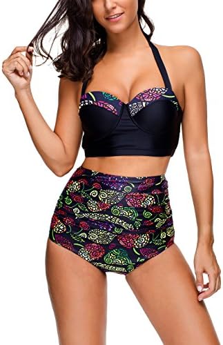 Clearlove Women 50s Retro Floral High Waist Halter Swimsuit