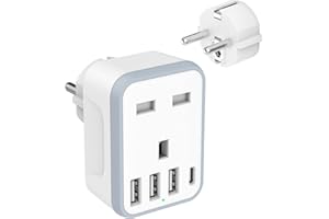 Loydia European Travel Adapter - 5 in 1 UK to EU Adapter with 4 USB Ports, UK to Turkey Travel Plug, Grounded Schuko Plug for Germany, France, Spain, Portugal, Poland, Austria (Type E/F)