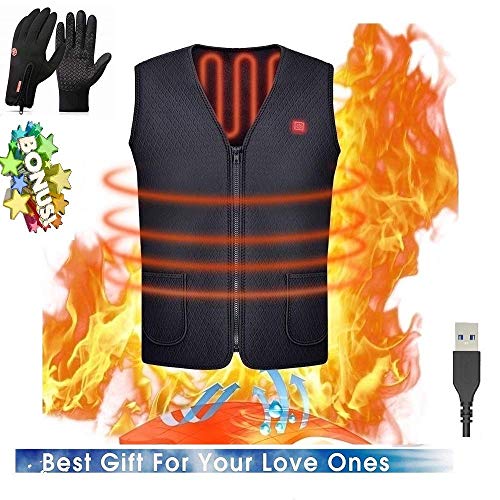 USB Chauffant électrique Gilet Unisexe Chaud Vêtements Embellisseur de Corps Gainant pour extérieur d'équitation Ski Pêche avec,with Une Paire de Gants Chauds GRATUITS (Noir, XX-Large)