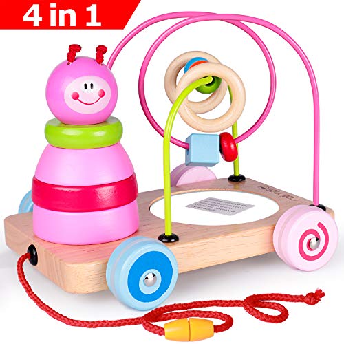 Rolimate Jouet à Tirer 4 en 1 avec Jeu Empiler Voiture en Bois Miroir Jouet de Labyrinthe Coloré Cadeau d'Anniversaire Noël pour Enfants Bébés Plus de 1 2 3 + Ans