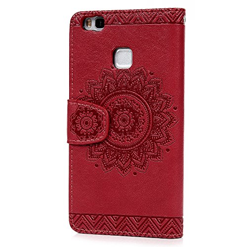 P8 Lite Wallet Case Huawei P8 Lite Flip Hülle YOKIRIN Traumfänger 3D Relief Totem Blume Schutzhülle PU Leder Flipcase Handyhülle Klapptasche Skin mit Kreditkarteninhaber Kippständer Magnetverschluss in Rote - 3