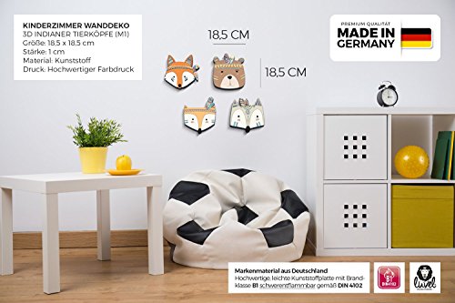 Wanddekoration in 3D für das Kinderzimmer *** NEUHEIT *** 4er-Set mit 3D-Effekt -Süße bunte Indianer Tierköpfe in TOP Qualität auf 10mm starken Platten – MADE IN GERMANY - 2