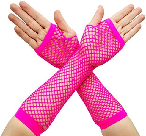 Girls Long Fishnet Fingerless Gloves 1980's Fancy Dress Neon Accessories