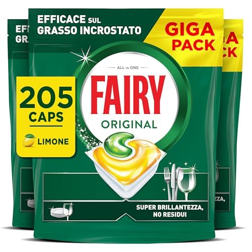 Fairy Original Pastiglie Lavastoviglie, 205 Capsule, Limone, Detersivo Con Azione Pulente Al Primo Lavaggio, Efficace Sul Grasso Incrostato Con Azione Brillante