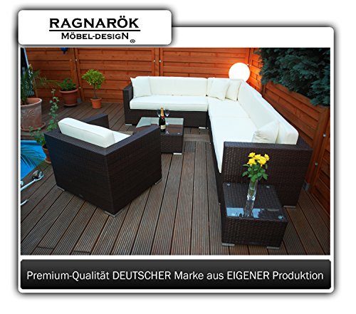 PolyRattan Lounge DEUTSCHE MARKE -- EIGNENE PRODUKTION 7 Jahre GARANTIE Garten Möbel incl. Glas und Polster Ragnarök-Möbeldesign braun Gartenmöbel