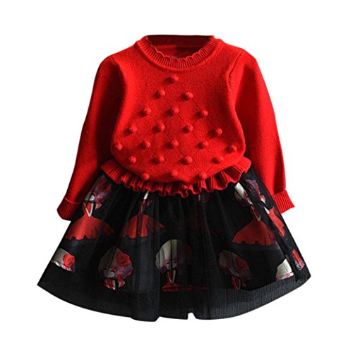 Preisvergleich Produktbild OverDose Kinder Baby Mädchen Strickpullover Winter Kleidung Crochet Pullover Patchwork Gestrickt Kleid Weihnachten Party Kleid(2-3T / 90CM,A-Rot)