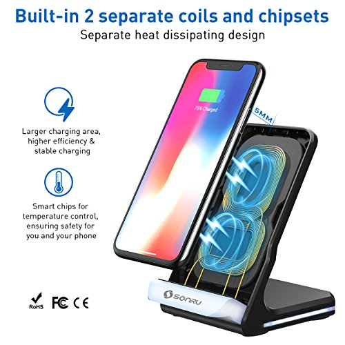 Caricatore Wireless Veloce, SonRu QI Rapido Caricabatterie Senza Fili Supporto con 2 Bobine, Veloce Ricarica per Samsung Galaxy S8, S8+, Note 8, Note 5, S7, S7edge, S6 Edge, Standard Ricarica per iPhone X 8 8 Plus e Tutti I Dispositivi Abilitati Qi