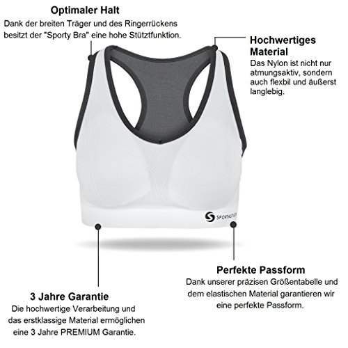 Innovativer Sport BH „Sporty Bra“ von Sportastisch:: Atmungsaktives Material + gepolstert mit herausnehmbaren Cups :: Perfekte Passform und Kompression mithilfe der Größentabelle :: Starker Halt dank breiten Kreuz Rücken :: Hohe Bewegungsfreiheit ohne Bügel oder Verschluss :: PushUp-Funktion dank Einlagen :: ideal für Damen und Mädchen im Alltag und Sport wie Fußball, Handball, Joggen, Zumba oder Kampfsport :: inklusive 3 Jahren Sportastisch Produktgarantie - 2