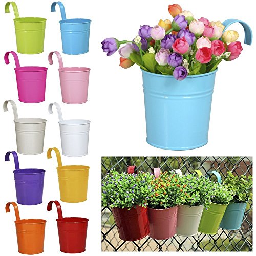 Hängetöpfe Übertopf balkon Blumentopf von Colleer, 10 Stück/10 Farben Eisen hängend Balkontopf Pflanztopf Set (mit Haken) ideal für Balkon Fenster Garten Deck Terrasse Zaun (10pcs) - 4