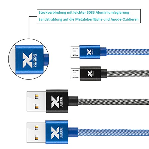 XUGOR Micro USB Kabel [2.4A-Strom Schnellaufladen] vernetzte Angelleine Nylon Ladekabel fÃ¼r Android Smartphones Samsung Galaxy, Huawei, Sony, HTC, Nokia, Kindle usw. [1.0m, 2-StÃ¼ck, Metallstecker]