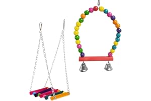 AKSIQIOL 2 Pack Parrot Swing Set – Colorful Wooden Ladder & Perch Toys for Chewing, Climbing & Hanging – Ideal for Budgies, Parakeets, Cockatiels, Conures, and Lovebirds,Random colour