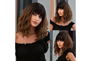 Allbell Kurze Lockige Braune Bob Perücken für Frauen Tiefe Wellige Synthetische Perücken mit Bangs Dunkle Wurzeln Hitzebeständige Haarperücke