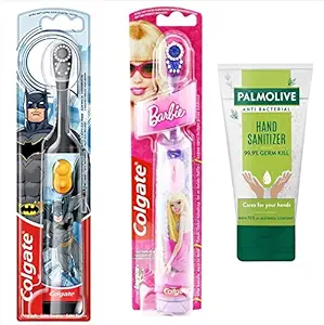 Colgate Kids Batman + Barbie Extra Soft Electric Battery Powered Toothbrush 3+ Years for Boy & Girl Family Combo (Free Colgate Hand Santizer) (Combo Girl + Boy)