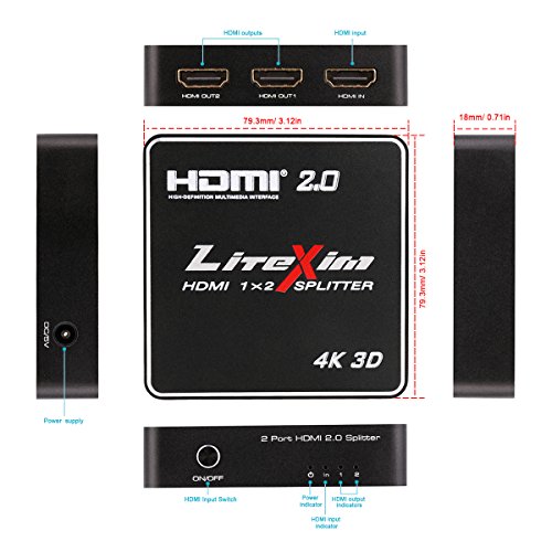 HDMI 2.0 Splitter, LiteXim 1×2 HDMI Splitter Ver 2.0 Powered HDMI Splitter Amplifier 1 In 2 Out Signal Distributor Certified for 4k x 2K@60Hz & 3D Support - 5