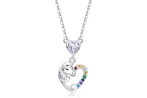 Qings Collar Plata de Corazón Unicornio para Niños Chicas, Collares Piedras Nacimiento para Cumpleaños Colgante Zirconia Cúbica Joyería Regalo para Mujer Niñas con Caja de Regalo