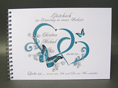 Gästebuch zur Hochzeit mit Namen 80012, türkis Herzen, Spiralbindung zum kleinen Preis!!
