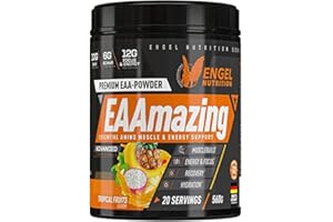 Engel Nutrition EAAmazing EAA Pulver 560g| Hochdosiert mit 19.000mg Aminosäuren| Alle 9 EAAs plus L-Glutamin, L-Arginin, Citrullin uvm.| Für vor oder während dem Training.(Tropical Fruits koffeinfrei)