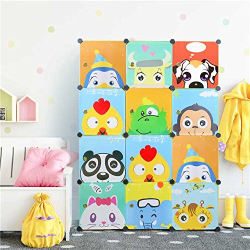 HOMFA Meuble Rangement Enfant 12 Cubes 55L, Cubes Animaux Enfants Jolis pour Chambre, Armoire Enfant Modulable Déco avec Portemanteaux pour Vêtements, livres, Jouets, Accessoires
