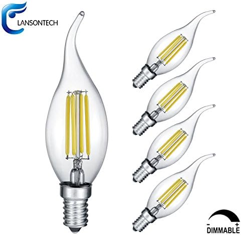 LANSONTECH 4-Watt LED Filament Candle Light Bulb, Dimmable, 6000K Cool White, 40-Watt Incandescent Replacement, 400 Lumens, E14 Candelabra Base, C35 Flame Shape Bent Tip (5Pack)