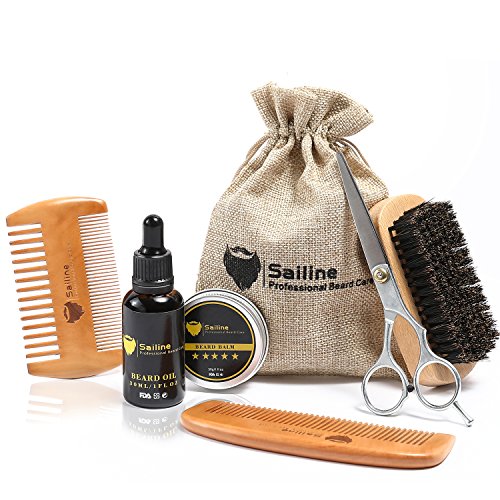 Kit para el cuidado y corte de barba,para hombres de SAILINE; cepillo para barba, peines, acondicionador de aceite para barba y bigote, bálsamo, cera, tijeras de peluquero; set portátil(6 in 1)