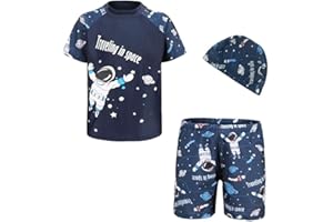 FedMois Maillot de Bain Bébé Garçon 3 pièces Combinaison Anti UV T-Shirt + Shorts + Bonnet de Bain