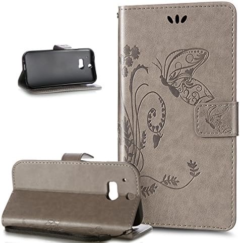 HTC One M8 Case,Wallet Case for HTC One M8,HTC One M8 Cover,ikasus Embossing Floral Flowers Butterfly Dandelion PU Leather Magnetic Flip Folio Kickstand Card Slots Wallet Case for HTC One M8,Gray