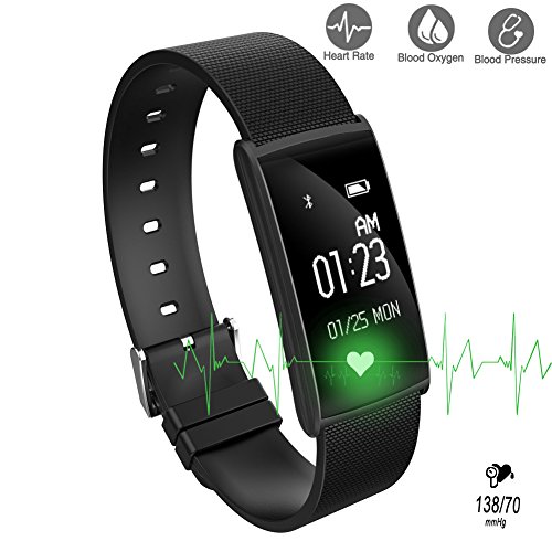 ROGUCI Smart Armband Wristband, IP67 Wasserdichte Blutdruck Oxygen + Oximeter Herzfrequenz Müde Monitor Fitness Schlaf Gesundheit Tracker, Smart Sport Tracking Armband Für iOS 8.0 Android 4.4, tägliche Laufleistung Pedometer Schritt Zähler Kalorien verbrannt Messung Call SMS Erinnerung Sesshaft