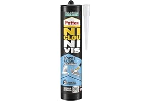 Pattex | Colle Ni Clou Ni Vis Résiste à l'Eau (cartouche de 450 g) – Colle de fixation pour intérieur & extérieur – Mastic blanc maintien immédiat, résistant à l’eau, flexible et repositionnable