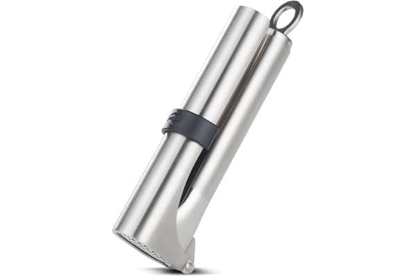 RÖSLE Presse-Ail - Presse Professionnelle de Haute Qualité en Inox 18/10 avec Tamis Dépliable et Œillet de Suspension - Pour Gingembre et Ail - Passe au Lave-Vaisselle - 18 cm