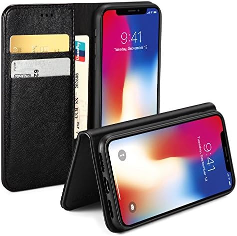 iPhone X Leather Wallet Case, EJBOTH Flip PU Leather Stand Case Cover Drop Proof Slim Fit with Embedded Magnetic Closure - Auto sleep and wake up Function. [ black ]