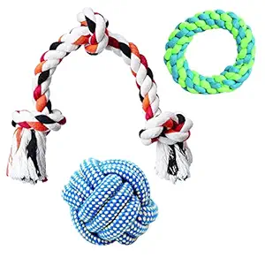 Pets Empire Combo of 3 Durable Pet Teeth Cleaning Chewing Biting Knotted Small Puppy Toys -100% Natural & Safe Cotton (Color May Vary)