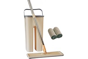 NEWTY Mopa Fregona con Cubo Escurridor Plana Doble Compartimento Escurre fácil para Limpieza Suelos Azulejo Madera Ergonómico Atrapa Polvo Ventanas Mop Bucket Set Trapeador 2 Gamuzas Paños Reutilizables