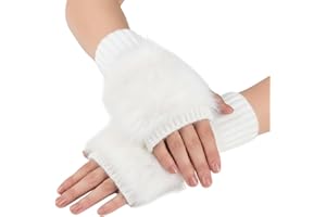 Fabchik Handstulpen Damen, Fingerlose Handschuhe mit Keildaumen Weiche Strick Pulswärmer Armstulpen mit Kunstfell für Alltag, Büro, Outdoor