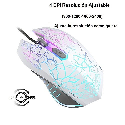 VersionTECH  Rat  n Gaming con Cable hasta 2400 DPI Rat  n Ergon  mico   ptico para Juegos con 7 Colores Luz LED 6 Bot  n Gaming Mouse Wired para PC Ordenadores Port  til Mac Blanco 