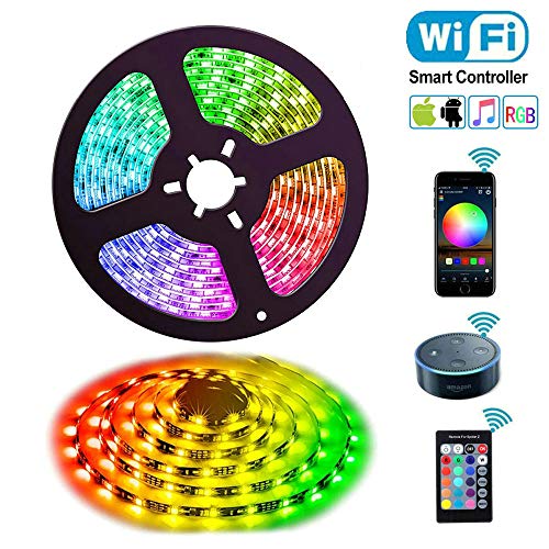 Ruban à LED, Uzone 5M Led Bandes Lumières WiFi Smart Light Strip Etanche 5050 RGB Commande Compatible avec Alexa Echo, Google Home, avec Contrôleur et Adaptateur Secteur, Décoration pour bar de jardin
