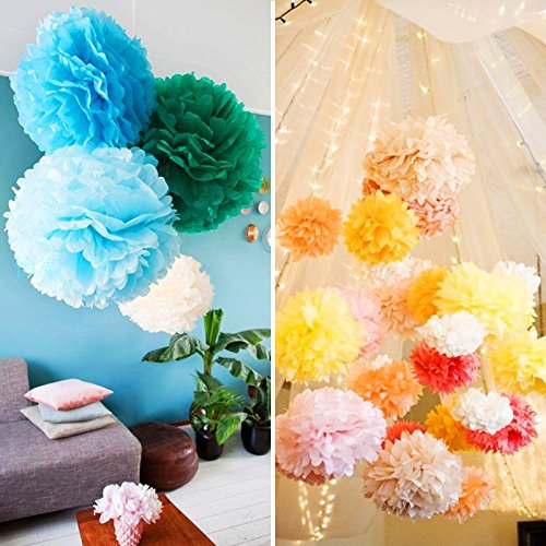 Veewon 9pcs mischen Tissue Papier Pom Poms Papier Laternen Pompoms Blume für Hochzeit, Geburtstag, Baby Dusche und Weihnachtsfeier Dekoration (Blau+LightBlue+Weiß) - 4