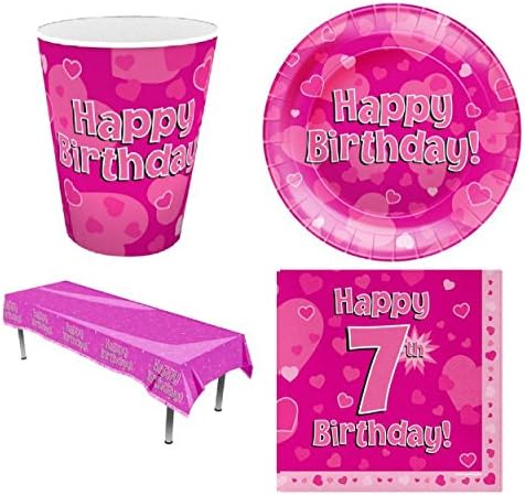 Happy Birthday Pink Hearts Birthday Party 16 Piece Ages 1,2,3,4,5,6,7,8,9,10,13 & Happy Birthday (7th)