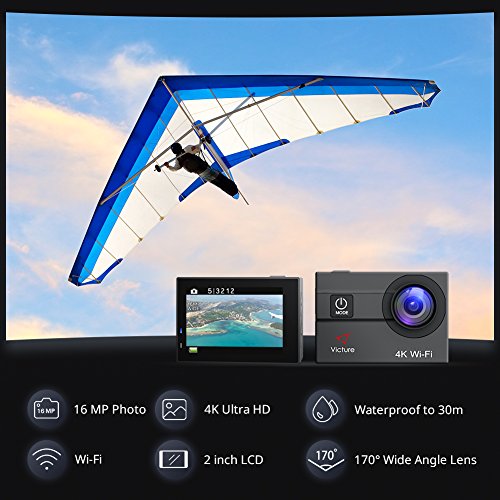 Victure Camara Deportiva 4K 16MP Ultra HD Cámara de Acción wifi Subacuática  30M con 2 Baterías Mejoradas y Sets de Accesorios