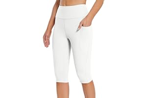 HOOUDO Knee Length Leggings for Women UK with Pockets Summer Short Leggings High Waisted Tummy Control Yoga Pants Cropped Capri Leggings Seamless Stretchy Sports Gym Running Bermuda Shorts