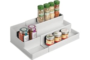 mDesign Especiero para armario de cocina o encimera – Estante extensible para almacenar condimentos y ordenar la cocina – Organizador de especias de plástico con 3 niveles – gris claro