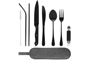 GOOPOOL Reisebesteck, 9-Teilig Camping Besteck, Tragbare Utensilien Set Aus Edelstahl, Outdoor Besteck Inklusive Steakmesser und Flaschenöffner mit Etui (Black)