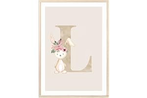 MeinBaby123® Póster de letras DIN A4 para habitación de niños y niñas,decoración para habitaciones de bebé,imágenes para habitación de niños,ideas de regalo para nacimiento,Inicial letra L (conejo,L)