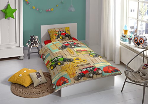 Aminata Kids – coole Jungen-Kinder-Bettwäsche 135×200 roter Traktor Bauernhof Bauer Jungen-&-Mädchen-Bettwäsche-Kinder Baumwolle Reißverschluss - 3