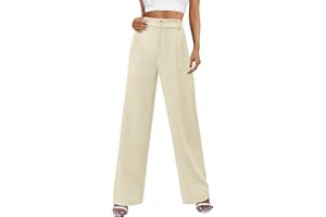 PASUDA Pantalon Femme Été Taille Haute Elastique Pantalons avec Bouton Pantacourt Droit Devant avec Poches Ample Léger Fluide Longueur Pants Chic Décontractée Travail