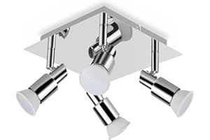 POLESTI Modern Square 4 Way LED Ceiling Light Fitting, Silver Chrome GU10 Ceiling Spotlight, Adjustable Kitchen Lights (Including 4x5W GU10 LED Bulbs, 420LM, Warm White)