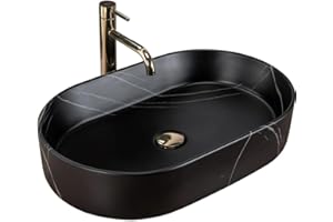 GTM Design Keramik Waschbecken - Aufsatzwaschbecken fürs Badezimmer - Waschbecken Oval - Design Waschbecken im modernen Stil - Schwarzer Stein - 61x38,5x12 cm